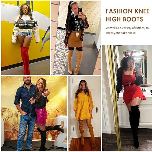 HALL. COST. Women's Suede Thigh High Over the Knee Boots with Block Heel | Above knee heeled silhouette, Tall shaft, Long boot shape, Inside zipper, 3.5 in heel, Skirt and jeans styling, Concerts thumbnail 4
