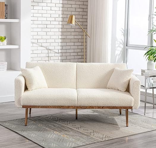 Antetek Futon Sofa Bed with 3 Adjustable Positions, Small Sleeper Sofa Loveseat with 2 Decorative Pillows, Modern Upholstered Convertible Couch with 5 Metal Tapered Legs, Ivory Teddy - White Teddy Fabric