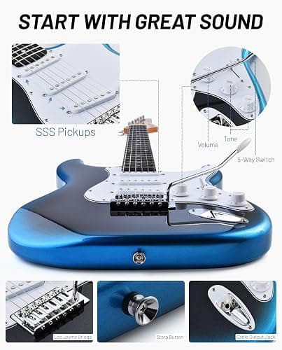 Leo Jaymz Beginner Electric Guitar Complete Kit with Portable Amp, Padded Gig Bag & Full Accessories, Maple Neck SSS Pickups (Blue-Black Fade) thumbnail 5