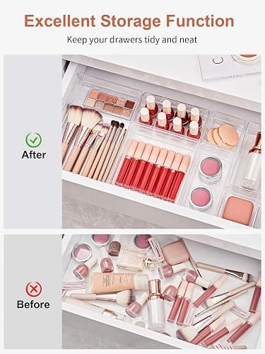 SMARTAKE 13-Piece Drawer Organizer with Non-Slip Silicone Pads, 5-Size Desk Drawer Organizer Trays Storage Tray for Makeup, Jewelries, Utensils in Bedroom Dresser, Office and Kitchen (Clear) thumbnail 4
