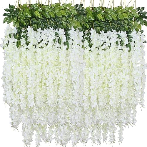 WONICE Artificial Wisteria Hanging Flowers Fake Wisteria Flower Garland Silk Vines Rattan Decor for Home Wedding Arch Wall Garden Greenery Bedroom Outdoor Office Party Decoration (36, White) - Image 1