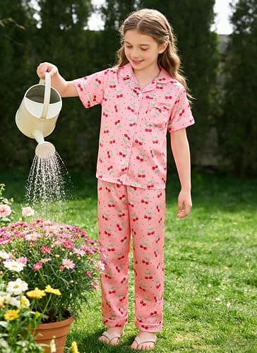 Fanient Girls Silk Pyjamas Set Colorful Printed Sleepwear Button-Down Pjs Short Sleeve Satin Nightwear for Girl 7-14 Years thumbnail 5