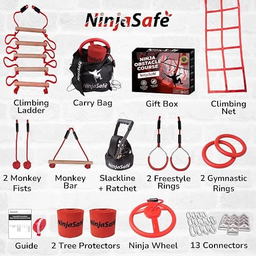 Ninja Obstacle Course for Kids Backyard - 10 Durable Obstacles and 50' Slackline - Outdoor Warrior Obstacle Playset Equipment for Girls & Boys with Monkey Bars, Ladder, Wheel, Gymnastics, Climbing Net thumbnail 3