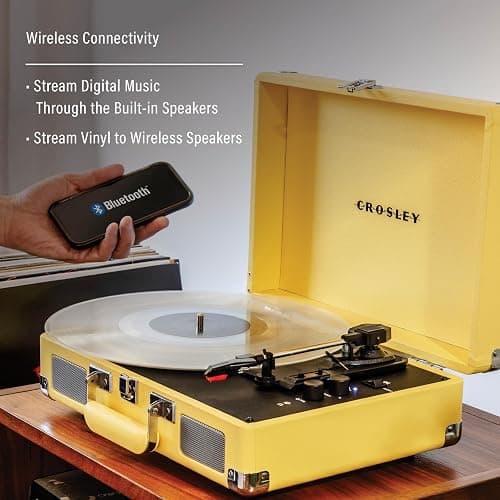 Crosley CR8005F-LY Cruiser Plus Vintage 3-Speed Bluetooth in/Out Suitcase Vinyl Record Player Turntable with Built-in Speakers, Lemon Yellow thumbnail 3