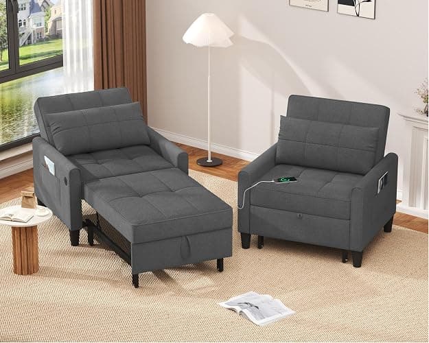 DURASPACE Sleeper Chair Bed with USB Ports, Side Pockets, 3-in-1 Convertible Futon Chair, Adjustable Backrest Recliner Pull Out Bed for Living Room, Bedroom, Small Spaces (Dark Gray) thumbnail 7