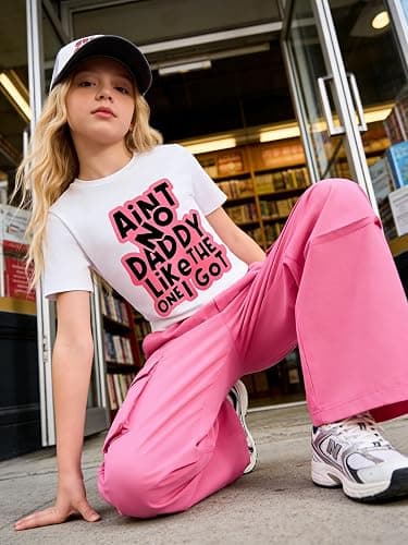 GOLLUNER Girls 2 Piece Outfits Short Sleeve Letter Print Top＋Wide Leg Pants with Pockets Summer Clothing Set Sizes 8-15 Years thumbnail 2