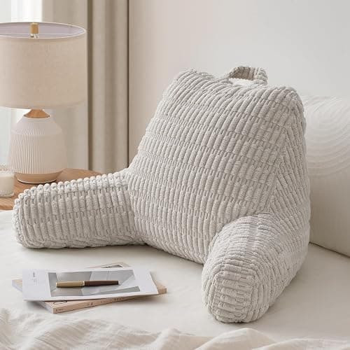 Blissful Diary Reading Pillow, Backrest Pillow with Shredded Memory Foam for Adult & Children, Designed for Bed and Couch Sitting Up, Includes Arms, Pockets and Washable Cover, Light Gray - Image 1