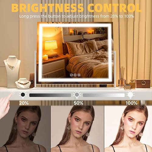 Batuso Vanity Mirror with Lights, 24'' x 20'' Lighted Makeup Mirror, Touch Screen with 3-Color Lighting, Dimmable for Vanity Desk Tabletop Square White thumbnail 4