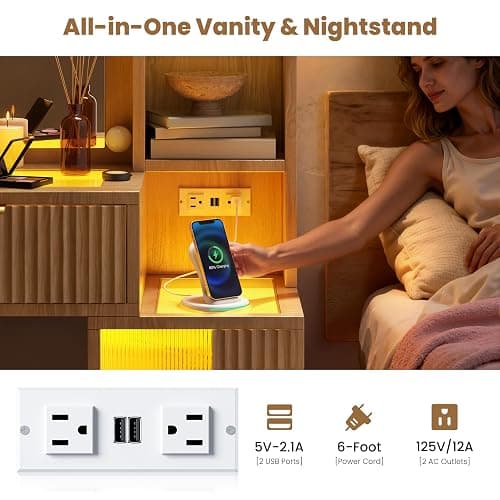 56'' Fluted Wooden Vanity with RGB Hollywood Lights & 36" HD Mirror -Oak | Big Vanity with Glass Top, Drawers, 16 Storage Area, Boho Makeup Vanity With Charging Station for Girls, Women , Bedroom -Oak thumbnail 8
