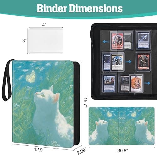 UGYAZX Top Loader Binder, 9 Pocket Holds 360 Top Loaders, Side-Loading Full-Zip Binder with Water-Resistant PU Cover for 3" x 4" Toploaders, TCG, MTG & Sports Cards, Blue Butterfly Cat thumbnail 3