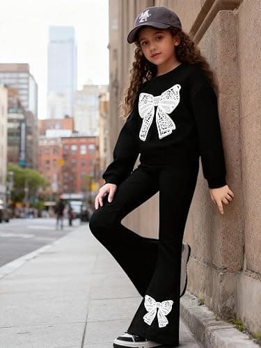 Vitalique Girls Clothes Fall Long Sleeve Lace Bow Print Sweatshirt Flared Pants 2PCS Set Little Girl Outfits Size 6-14 thumbnail 3