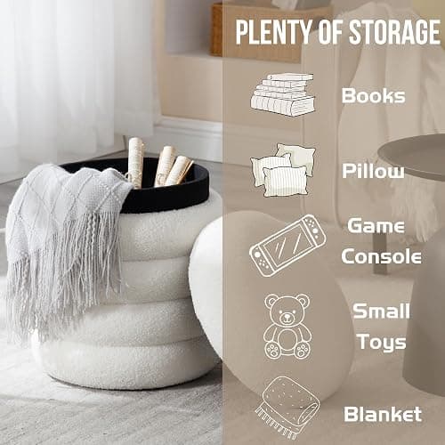 DM Furniture White Round Storage Ottoman Upholstered Sherpa Foot Stool Ottoman Small Boucle Foot Rest Stool for Dorm/Living Room/Entryway/Bedroom thumbnail 5