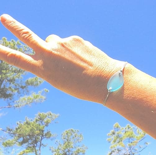 Sea Stamped Sea Glass Adjustable Bracelet-Made From Recycled Glass-Light Blue Free Form Sea Glass Piece with Waterproof Gray Thread-Unique Gift thumbnail 8