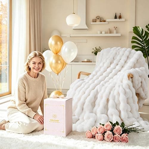 Touchat Luxury 1000GSM Faux Rabbit Fur Throw Blanket, Super Heavy Warm Cozy Blankets for Couch Bed Sofa, Bubble Plush Fuzzy Elegant Soft Mink Blanket for Mom Living Room Bedroom, Cream White thumbnail 2