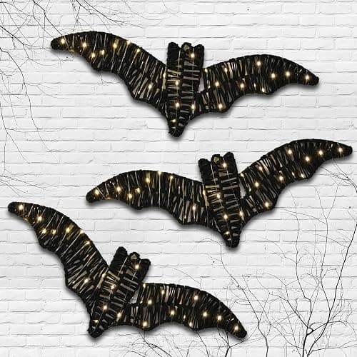 3 Pack Halloween Decorations Indoor Wall Decor with Lights & Batteries Included, Black Rattan Pre-Lit Spooky Bats Room Decor, 3D Hanging Signs for Covered Porch Home Haunted House Party thumbnail 3