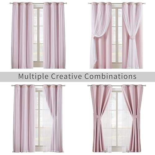 Bujasso Pink Blackout Curtains with Sheer Overlay Mix and Match Double Layer 80% Room Darkening Window Treatment Set for Girls Bedroom Living Room Pink Drapes with Tiebacks Grommet Top 37" Wx84 Lx2 thumbnail 10