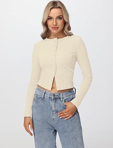 Matunana Womens Long Sleeve Tops Fall Lightweight Cardigan Cropped Going Out Shirts Ribbed Button Down Cute Trendy 2025 thumbnail 2