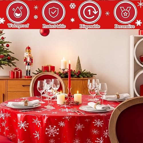 Ganeen 12 Pcs Snowflake Tablecloth Red White, Plastic Round Winter Xmas | Winter Table Covers with Placemats, Disposable for Easy Cleanup, Festive Snowflake Print for Holiday Parties thumbnail 5