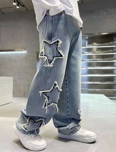 Happy Cherry Boys Baggy Star Denim Pants Pull On Elastic Waist Wide Leg Jeans Loose Vintage Cargo Jeans with Pockets thumbnail 4