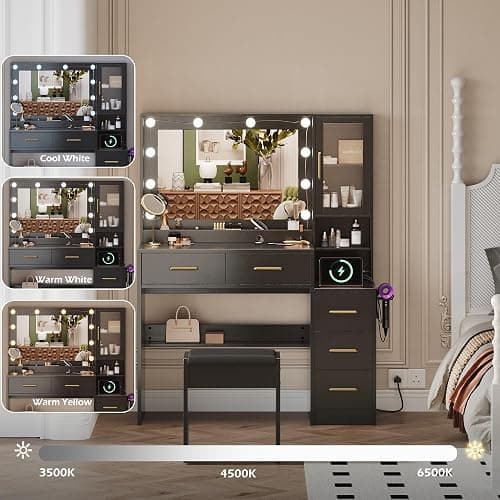 TOKSOM Makeup Vanity with Lights & Charging Station, Black Vanity Table with 5 Drawers & Open Storage Shelves, Bedroom Makeup Dressing Table Set for Women Girls Golden Handles thumbnail 5