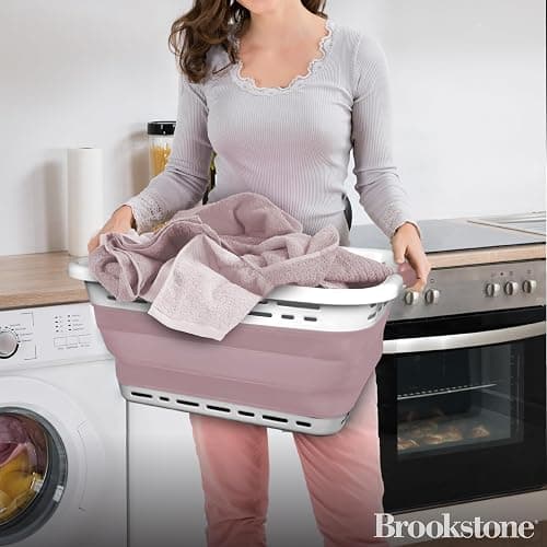 BROOKSTONE, 1 UNIT, 11 GALLONS - [OUR LARGEST BASKET EVER] 24" Collapsible Laundry Basket, Comfort Non-Slip Grip Handles, Minimalist Space Saving Design, Portable Pop-Up Hamper, [BPA FREE] - Blush thumbnail 2