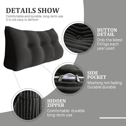 homecozy Wedge Headboard Pillow Dorm Room Reading Pillow Back Support for Sitting Up in Bed Bolster Lumbar Cushion Body Positioning Bedrest Corduroy (Black, Twin (39 * 8 * 20in)) thumbnail 3