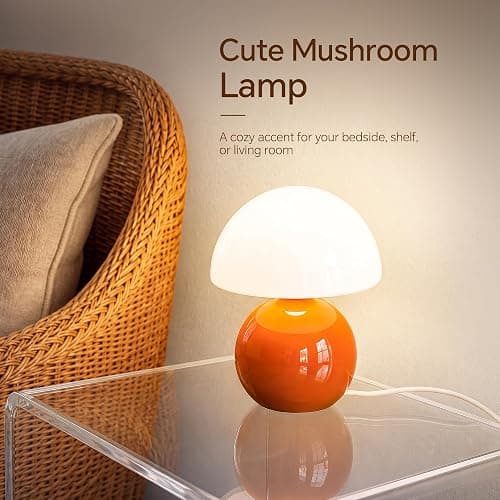 Dawnwake Mushroom Lamp Table Lamp for Bedroom-Small Desk Table Lamps,Orange | 8.7" Mid Century Modern Table Lamps for Living Room Bedroom Decor,Cute Ceramic Lamps for Mushroom Home Room Decor,Glass Shade thumbnail 2