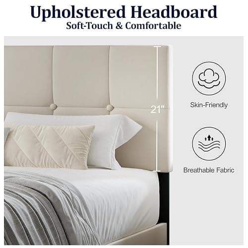 IOILORI Full Size Bed Frame, Full Size Platform Bed Frame with Headboard, Upholstered Headboard, Sturdy Wooden Slats, Noiseless No Box Spring Required, Easy to Assemble, Beige thumbnail 4
