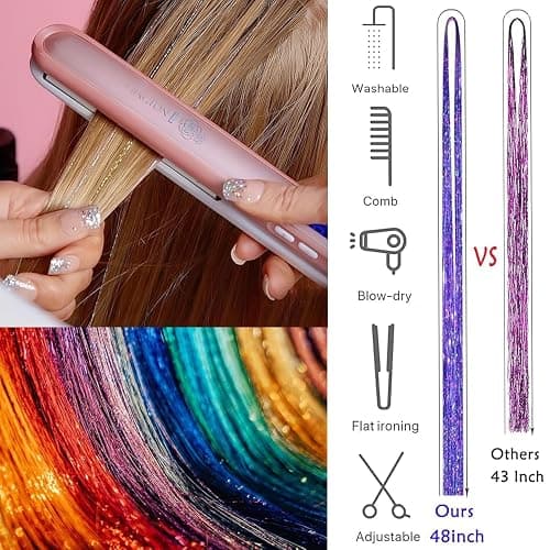 Hair Tinsel,18 Colors Hair Tinsel Kit for Girls 7600 Strands Fairy Tinsel Hair Extensions Holographic Hair Tinsel Heat Resistant Colored Hair Glitter Christmas Party Festival (18 Colors) thumbnail 6