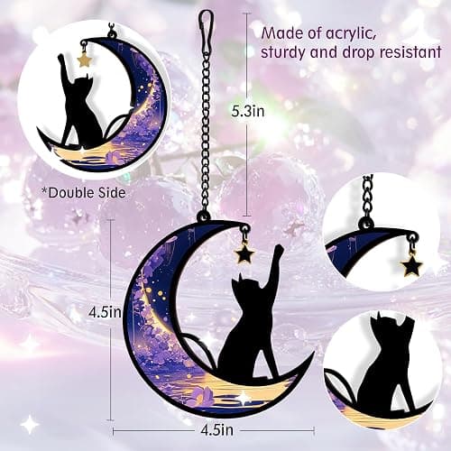 Halloween Black Cat Moon Decor Witchy Gifts for Women | Cat Lovers Friends Teen Girls Stained Glass Window Hanging Ornament Gifts For Christmas Halloween Decorations (Purple) thumbnail 3