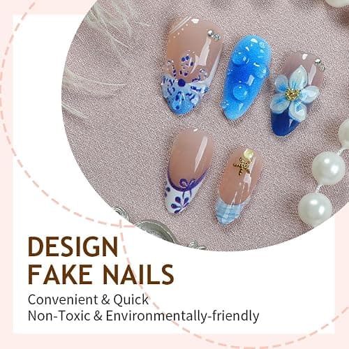 Auroriel 24 Stück Medium Almond Press on Nails Blau French Tip mit 3D Blumen & Gold Seestern Rhinestones Wiederverwendbare Acrylic Fake Nails Full Cover für Frauen Sommer Strand Hochzeit Party thumbnail 6
