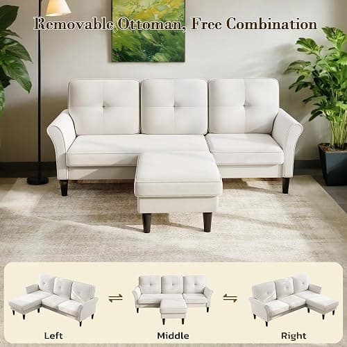 Welzona Sectional Couches for Living Room, 83" Velvet Modern 3 Seater Sofa, L Shaped Couch with Ottoman, Small Sectional Couch Sofas for Living Room, Bedroom, Apartment, Office, Beige Sofa - Beige White - 83" L Shaped thumbnail 4