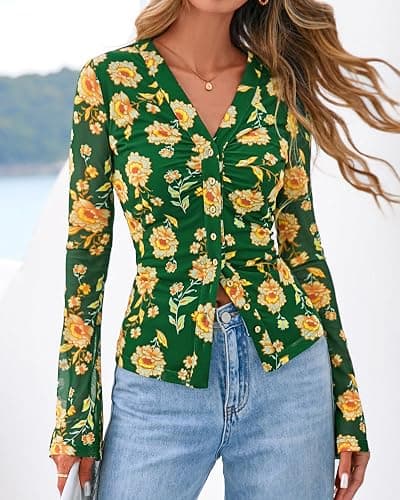BTFBM Button Down Shirts for Women 2026 Spring Boho Tops V Neck Long Sleeve Blouses Ruched Mesh Fitted Fall Fashion thumbnail 4