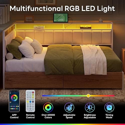 LIKIMIO Full Corner Bed Frame with Storage Drawers, LED, Charging, White | Smart LED & Charging Station, Ample Underbed Storage, Space-Saving Corner Design thumbnail 5