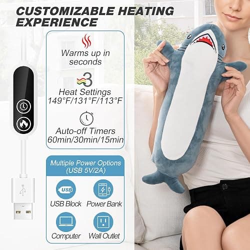 Shark Heating Pad Plush, Cute Heated Stuffed Animal, USB Powered Electric Heating Pad with 3 Heat Levels & Timer, Soft Warm Plush Cushion Gift for Women Teen Girls thumbnail 3