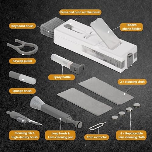 Alyvisun 11 en 1 Kit Limpieza PC Multifuncional, Cepillo de Limpiador Teclado con Extractor de Teclas, para Laptop, Teléfonos, Auriculares, Gris thumbnail 8