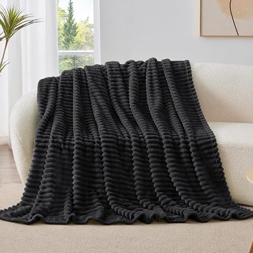BEDELITE Fleece Throw Blanket for Couch - 300GSM Soft & Warm Fluffy Black Blanket, Decorative and Giftable Striped Blankets for Women, Men, 50"x60" thumbnail 8