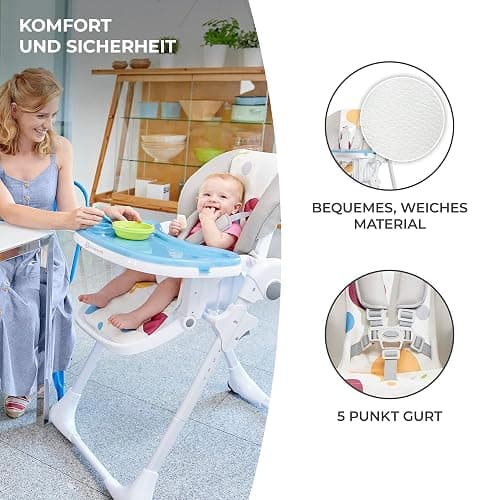 Kinderkraft Hochstuhl YUMMY, Kinderhochstuhl, Babystuhl, Kombihochstuhl, ab den Ersten Lebensmonaten, Fußstütze, Halbliegende Position, Bezug aus PU, Einfach zu Reinigen, Mehrfarben thumbnail 8