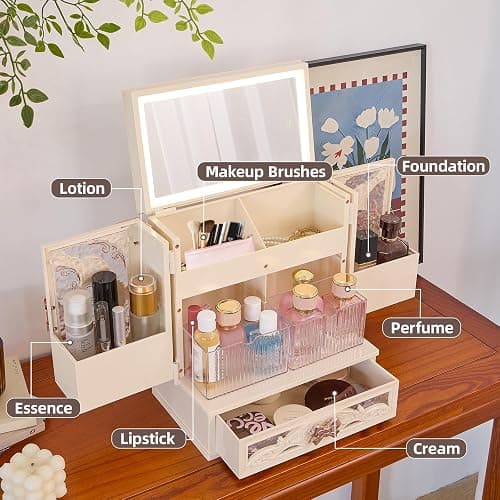 Large Cosmetic Mirror Storage Box with LED Light Cosmetics Organizer Box, Vintage Style Storage Box Dustproof Waterproof Bathroom Counter Storage for Skincare Lipstick Makeup Brushes Gifts(White) thumbnail 3