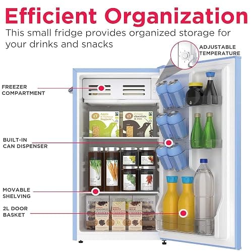 Frigidaire Retro Compact Fridge with Chiller, 3.2 cu ft Countertop Fridge with Built-In Bottle Opener, Compact Refrigerator for Office, Bedroom, Dorm Room or Cabin - 16.5" D x 19" W x 31" H (Blue) thumbnail 6