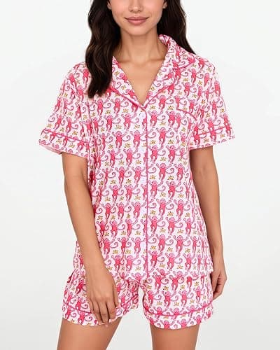 Zuafy Women's Pajamas Set Button Down Ladies Summer Pajamas Monkey Printed Sleepwear Short Sleeve 2 Pc Pjs for Birthday Gift thumbnail 3