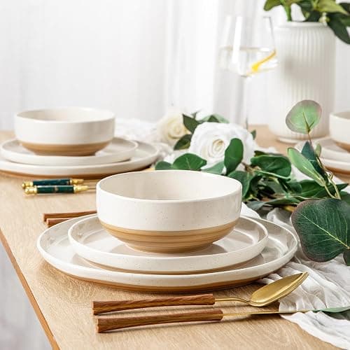AmorArc Ceramic Dinnerware Sets, Handpainted Plates and Bowls Set with Rustic Terracotta Underside, Scratch Resistant Stoneware Dishes Set, Dishwasher & Microwave Safe thumbnail 6