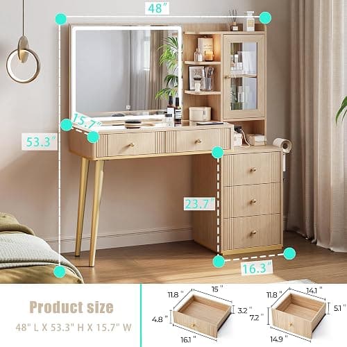 LINSY Wood Vanity with Glass Top, Makeup Vanity with Storage Drawers, Boho Fluted Vanity Desk with Mirror and Lights, Large Dressing Table with Cabinet and Outlet for Bedroom, Women, Girls thumbnail 2