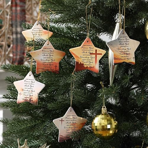 Suilung 6 Pcs Christmas Christian Ornaments Star Shaped Bible Verse Double Side Printing Ceramic Inspirational Religious Gifts Christmas Tree Hanging Decor for Employee Women Men thumbnail 6