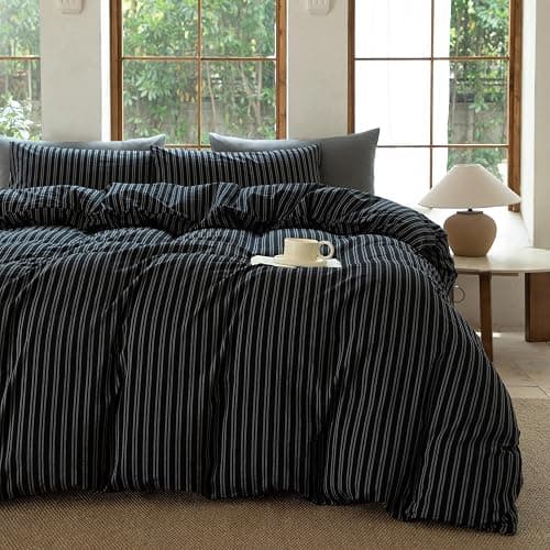 BESTDESIL Striped Duvet Cover Set 100% Washed Cotton Linen Like Soft Feelling Breathable Bedding(Strip-Black/White,King) - Image 1