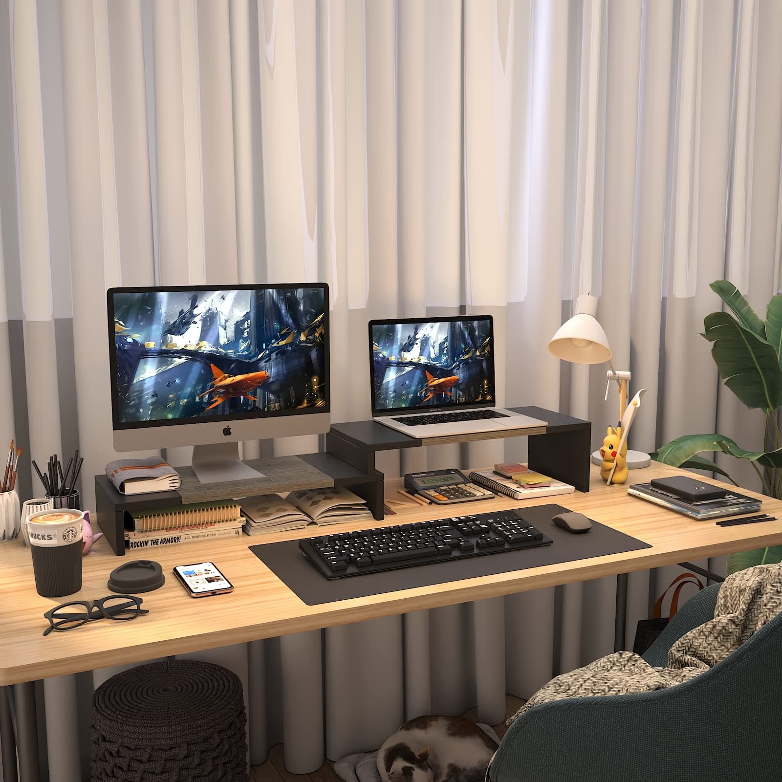 WESTREE Dual Monitor Stand - Monitor Stand Riser - 2 Shelf Computer Monitor Stand with Adjustable Length and Angle, Monitor Stands for 2 Monitors, Desktop Organizer Stand for PC, Computer, Laptop - Gery thumbnail 2