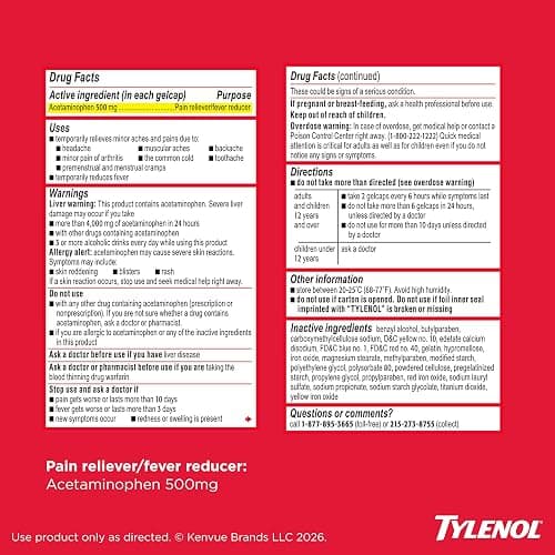 Tylenol Extra Strength Acetaminophen Rapid Release Gels, Fast, Strong Pain Relief, Fever Reducer, 500 mg Gelcaps with Laser‑Drilled Holes for Fast Release, OTC Medicine, 100 Count thumbnail 8