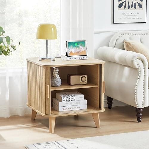 RUSTYER Farmhouse Square End Table with Charging Station, 24" Large Fluted Sofa Side Table with Sliding Tambour Door and Storage, Rustic Curved Wood Nightstand for Living Room, Bedroom, Natural thumbnail 8