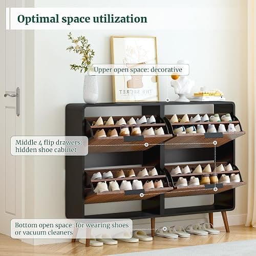 47" Fluted Large Shoe Cabinet with 4 Flip Drawers, Slim Freestanding Shoe Cabinet Organizer, Narrow Shoes Storage Rack for Entryway, 5 Sturdy Legs (Walnut and Black, 9.45" D x 47.24" W x 35.83" H) - Walnut and Black - 9.45"D x 47.24"W x 35.83"H thumbnail 9