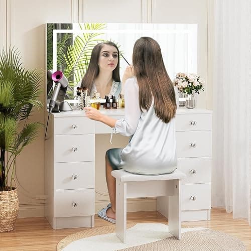 VOWNER Vanity With Lighted Mirror - Makeup Desk With Power Outlet and 9 Drawers, 3 Color Lighting Modes Adjustable Brightness, 43" Table With Soft Cushioned Stool for Bedroom, White thumbnail 4